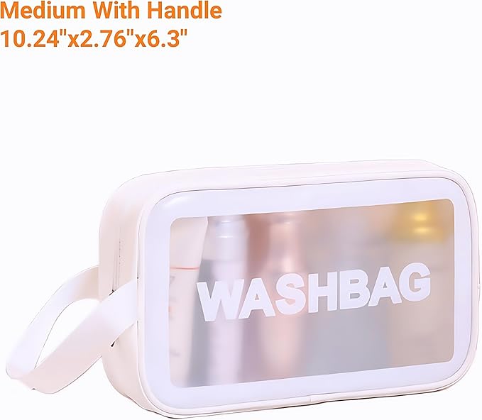 Waterproof Clear Frosted Travel Toiletry Bag For Men & Women: 3-Size Handle Cosmetic Case + 4 Pre-Labeled 2Oz Bottles & Sticker. Large Washbag Organizer. (Pristine White)