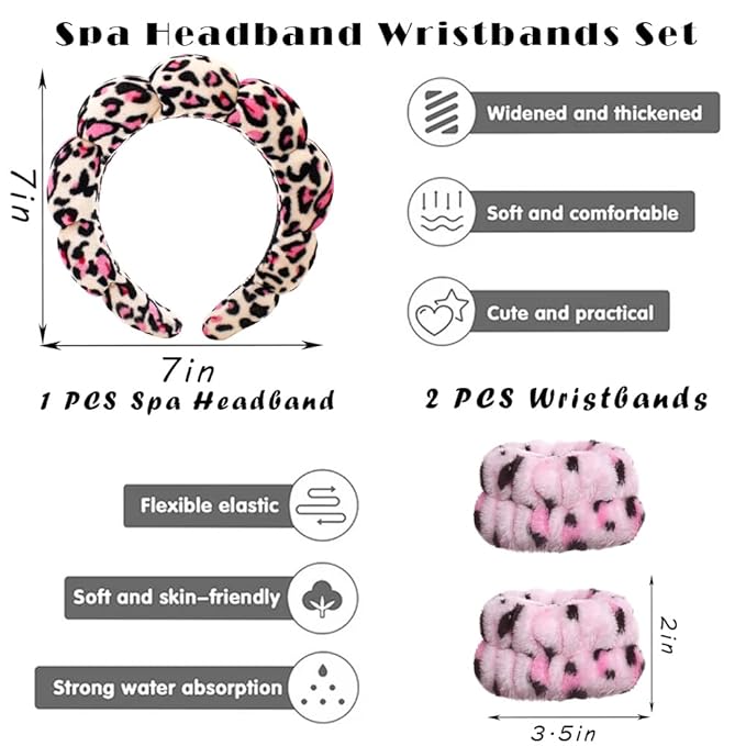 Tetizo Spa Headbands for Washing Face Wristband Set Sponge Makeup Skincare Headband Wrist Towels Bubble Soft Terry Towel Cloth Hairband for Women Puffy Headwear Non Slip Thick Thin Hair Headwear