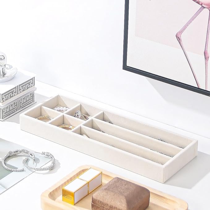 2Pcs Desk Drawer Storage Tray, Nightstand Organizer Tray, Necklace Bracelet Ring Earring Jewelry Display Tray, Grid Table Organizer Holder Tray for Sunglass, Phone, Watch, Perfume (7 grid)/Beige