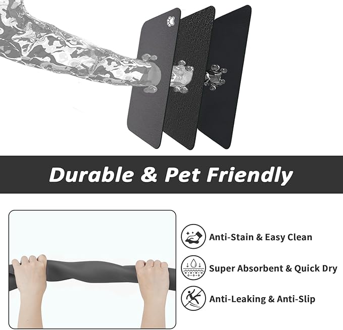 Dog Food Mat - Absorbent Cat Mat for Food and Water, No Stains Pet Feeding Bowl Mat, Easy to Clean Pet Placemats, Quick Dry Dog Water Dispenser Mat for Messy Drinkers | Paw Dark Grey 24"x 36"