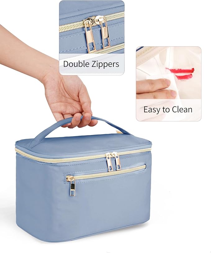 Wandering Nature Large Makeup Bag, Travel Make Up Organizer Cosmetic Brush Bags Case for Women in Fabric,Blue,Patent Pending