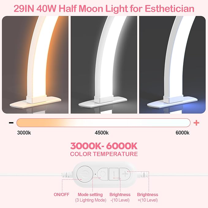 Foldable Large Half Moon LED Light,29" Arch Light with Rhinestone-Encrusted for Table Nail Desk with Phone Stand, Upgrade Arch Light for Nail Techs (White, Large)