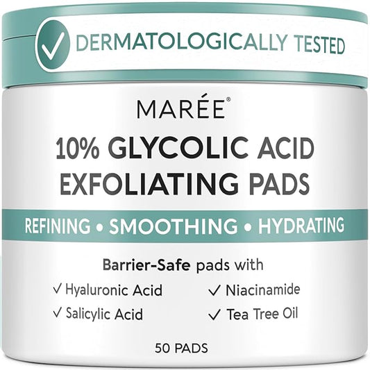 MAREE Glycolic Acid Resurfacing Pads - Toner Pads for Face Cleansing - Exfoliating Pad with Tea Tree Oil, Salicylic Acid & Vitamins E, B3, B5 - Acne Treatment Device for Pore Resurfacing - 50 Count
