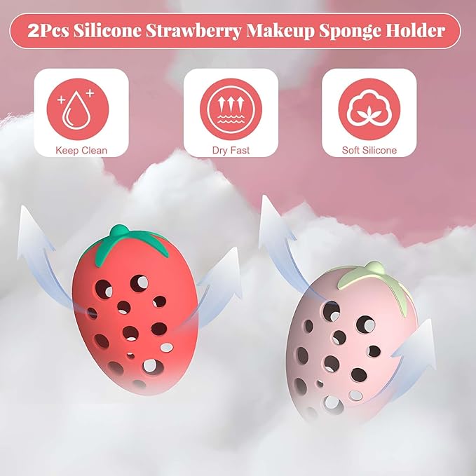 2Pcs Silicone Strawberry Makeup Sponge Holder - Reusable Travel Accessory for Makeup Sponges, Cases, and Skincare Organizers