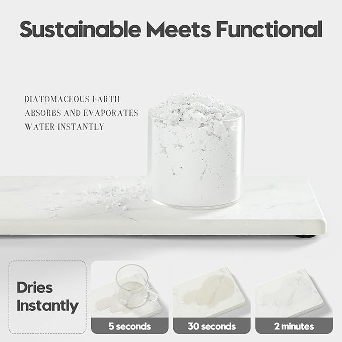 2PCS Diatomite Marble Tray Water Absorbing Mat for Kitchen Counter, Stone Drying Vanity Caddy for Bathroom Sink,Faucet Splash Guard,Soap Dispenser Rack Sponge Holder Organizer, White, 9"x3.5"