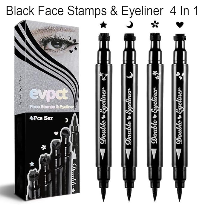 evpct 4in1 Star Flowers Hearts Moon Face Stamps Eyeliner Makeup Set, Black Colored Liquid Winged Wing Eyeliner Stamp Wingliner, Waterproof, Star Eye Liner Stamp Figures Tool