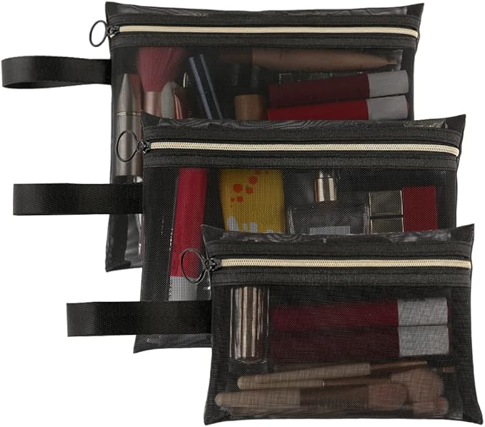 Mesh Cosmetic Bags with Zipper and Handle, Breathable Organization Pouch Pocket for Travel Purse Makeup Toiletry Office Home to Storage Items, 3pcs Black Assorted Sizes 9x8 8x6 6x4 inch