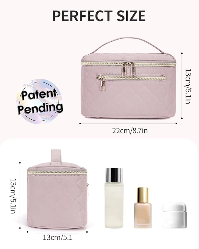 Wandering Nature Makeup Bag, Travel Make Up Organizer Cosmetic Brush Bags Case for Women in Quilted Fabric, Pink, Patent Pending