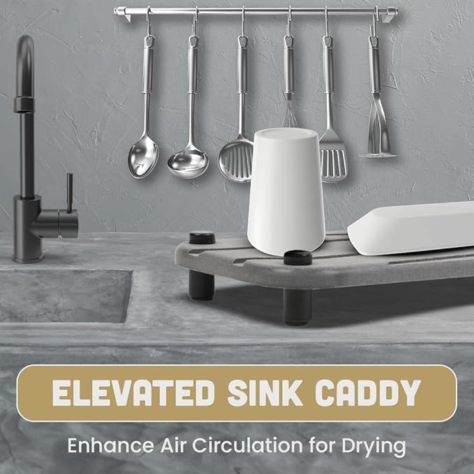 2pc Stone Drying Tray - Diatomite Sink Caddy Kitchen Sink Organizer - Water Absorbing Bathroom Counter - Absorbent Kitchen Soap Tray (Gray)
