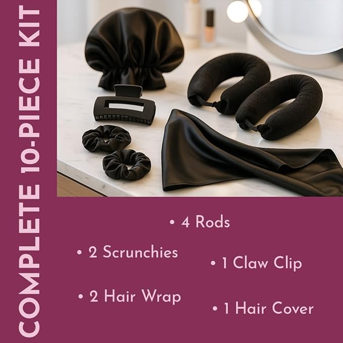 Heatless Hair Curler Set – Satin Foam Curling Rods for Long & Short Hair, No-Heat Overnight Hair Rollers for Women, Includes 4 Jumbo Rods, Wrap Scarf, Clip, Scrunchies & Protective Covers (Black)