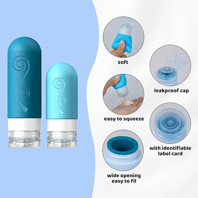 vodvob 16 Pack Travel Bottles Set for Toiletries, TSA Approved Travel Containers Leak Proof Silicone Squeezable Travel Accessories 2oz 3oz for Shampoo Conditioner Lotion Body Wash (BPA Free) (blue)