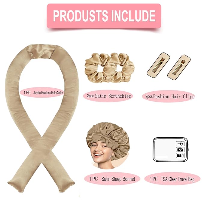 Jumbo Satin Heatless Curler Set 7pcs with Bonnet & Clips, For Big Voluminous Waves Overnight Sleeping No Damage Hair Styling Tools Long Hair Friendly Naturally Fluffy