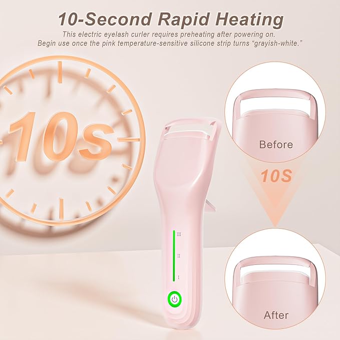 Heated Eyelash Curler, Type-C Rechargeable with 3 Temp Settings & Safe Silicone Pad for Natural Curls, Travel-Friendly (Pink)