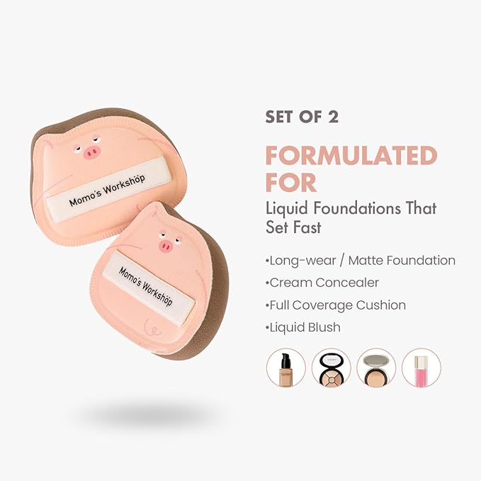 2-Pack Cute Sleepy Pig Makeup Sponge Oxygen-Finish Makeup Sponge for Liquid Foundation & Cream Blush, 85° Angled Tip, Hydrophilic PU for Sheer & Natural Makeup, Buildable Coverage Sponge
