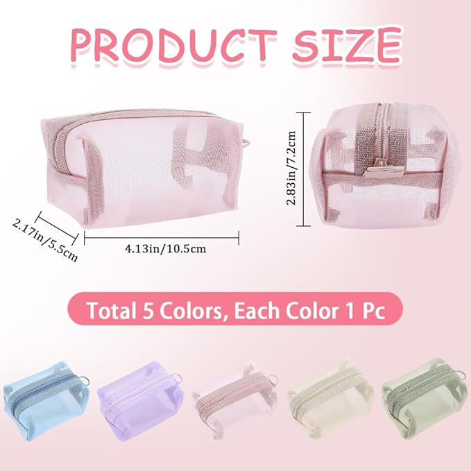 GORGECRAFT 5Pcs 5 Colors Portable Square Mesh Storage Bag Small Zippered Mesh Makeup Bag Cosmetic Coin Purse Travel Storage Organizer for Toiletry Blue Green Pink Purple Khaki 4.1 x 2.2 inch