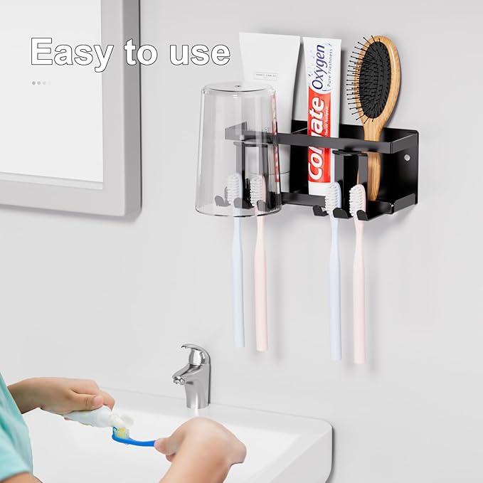 Toothbrush Holders for Bathroom, Toothbrush Holder Wall Mounted Large Capacity Tray, Self Adhesive Tooth Brushing Holder & Bathroom Accessories