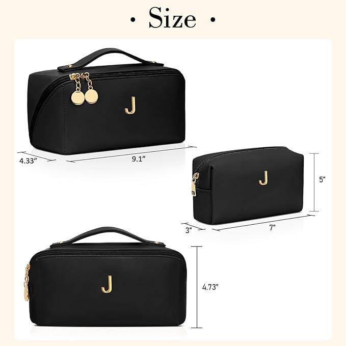 Birthday Gifts for Women Teen Girl, Personalized Initial Makeup Organizer Bag Set, Open Flat Travel Cosmetic Bag With Clear Divider and Handle(Black,J)