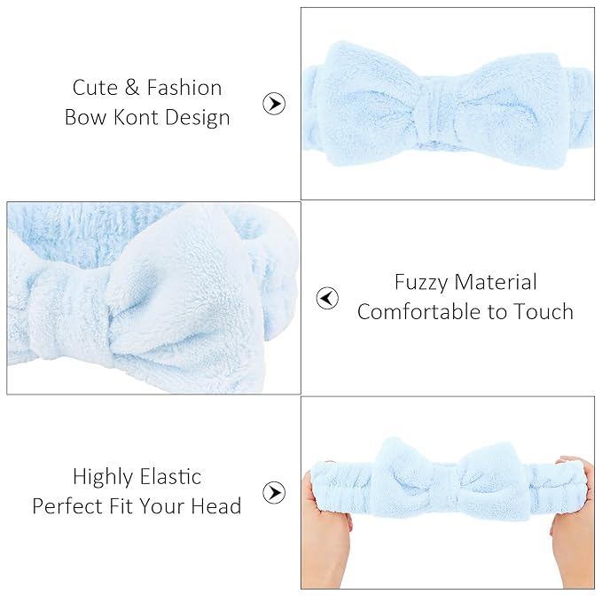 10 Pack Spa Headband for Washing Face Blue Skincare Headbands Bulk for Women Girls Soft Coral Fleece Hairband Cute Bow Headbands for Washing Face Makeup