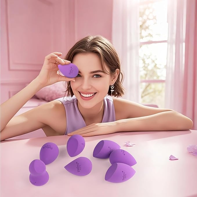 Makeup Sponge Set (4 Shapes 7 pcs) - Latex-Free Blending Sponge for Liquid, Cream & Powder, Soft Reusable Beauty Sponge for Wet/Dry Foundation Application, Face Foundation Blender (Purple)