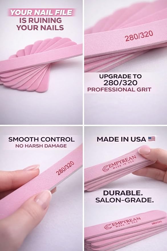 Empyrean Premium Nail Files | Made in USA | Fine 280/320 Extra Fine | Disinfectable Washable Reusable | Pink Cushion File