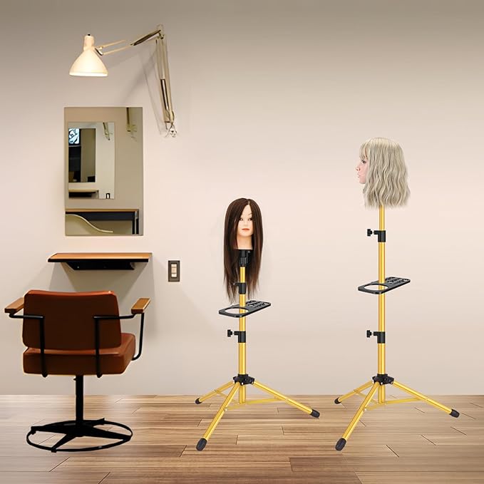 Wig Stand Tripod 50 Inch Metal Wig Mannequin Head Tripod Stand For Hairdressing Training Head Adjustable Wig Tripod Stand with Tool Tray (Golden, Mannequin Head Not Included)