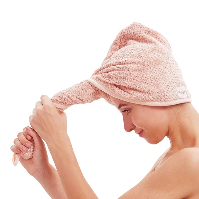 2 Pack Microfiber Hair Towel Wrap,Hair Drying Towel with Button, Hair Towel Turban,Quick Dry,Anti-frizz,Absorbent Head Towel (Pink&Beige)