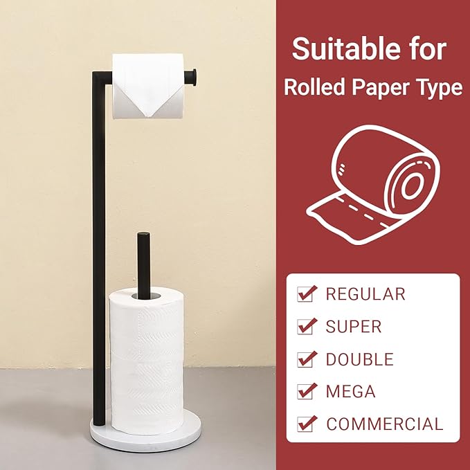 Hoooh Free Standing Toilet Paper Holder with Reserve - Heavyweight Marble Base & Matte Black Stainless Steel Bathroom Tissue Stand