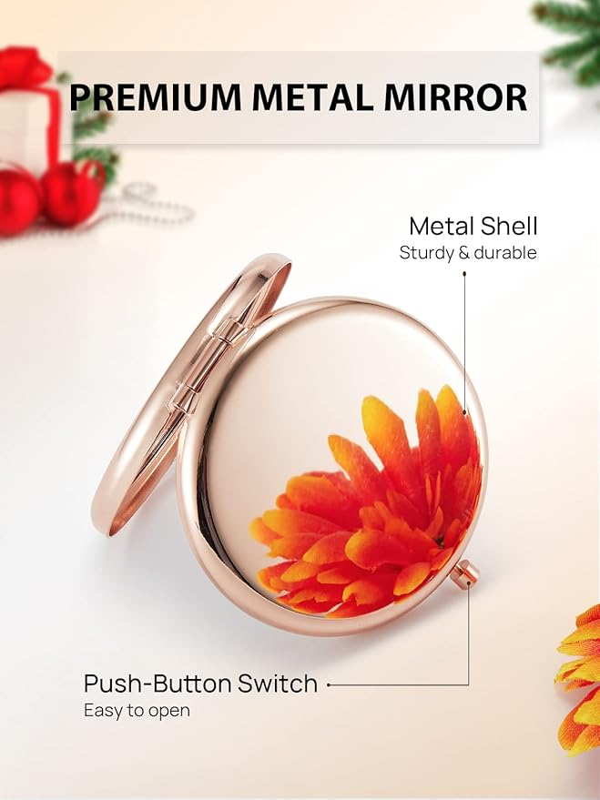 Compact Mirror Bulk, Pack of 6 Double-Sided 1X/2X Magnifying Metal Makeup Mirrors(Round, Rose Gold)