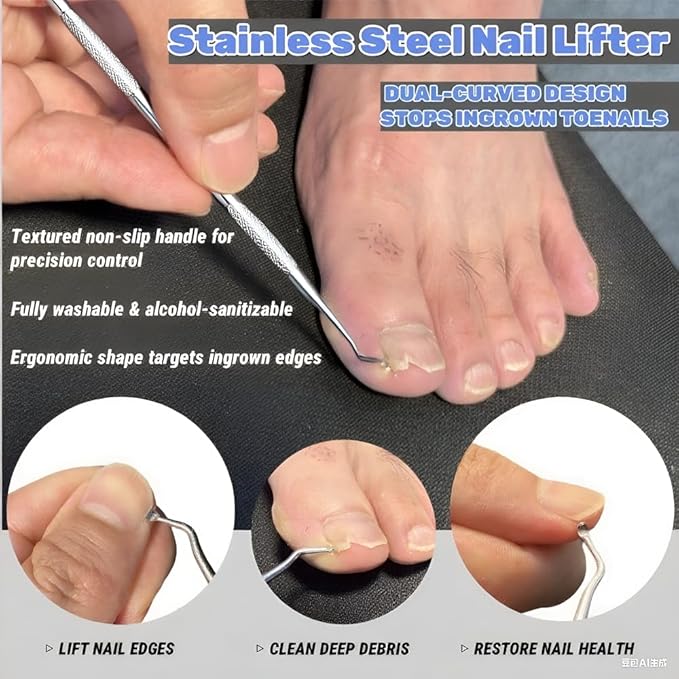3-in-1 Nail File Kit: Heavy Duty Toe Nail Files for Thick Nails & Seniors with Ingrown Lifter, Thumb Guard | Non-Slip Metal Emery Boards for Nails/Silver Lifter