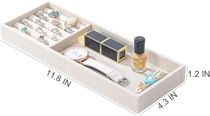 2Pcs Desk Drawer Storage Tray, Nightstand Organizer, Necklace Bracelet Ring Earring Jewelry Display, Grid Table Organizer Holder for Sunglass, Phone, Watch, Perfume (2 grid)/Beige