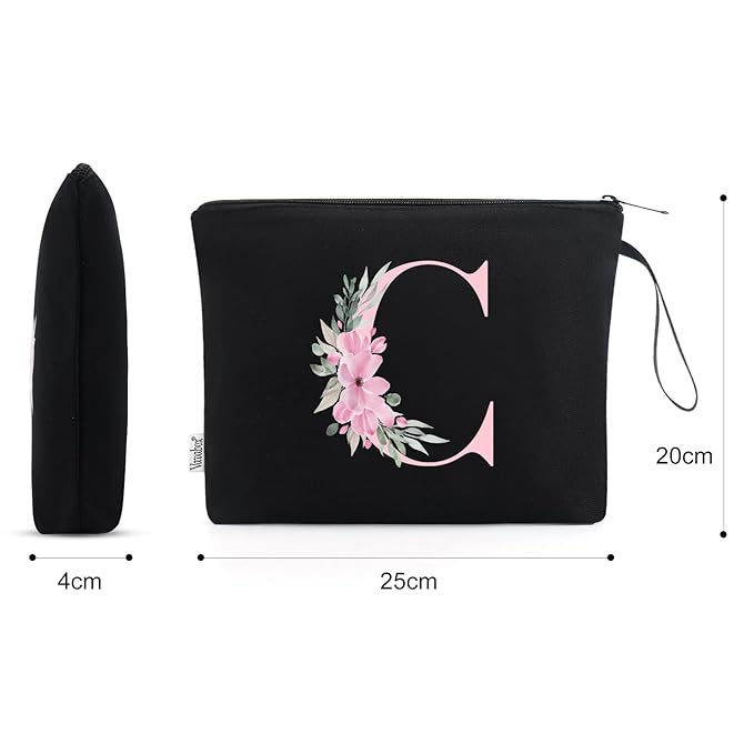 Vavabox A-Z Personalized Makeup Bag, Birthday Gifts for Women Mom, Gifts for Best Friend, Bride Bridesmaid Cosmetic bag (C, Black)