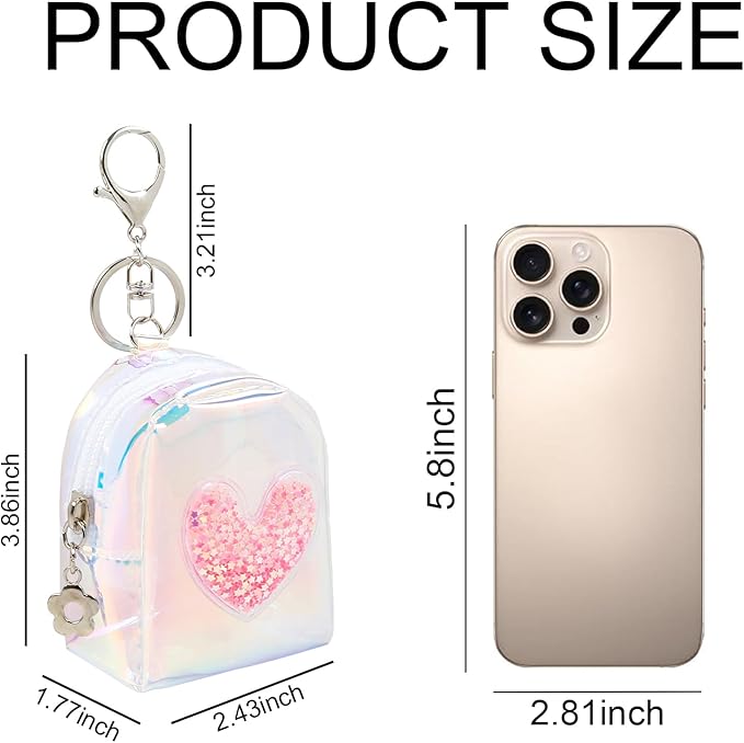 4Pcs Mini Backpack Keychain,Cute Cosmetic Bag for Women,TPU Clear Makeup Bag Key Pocket Lipstick Bag Card Holder Data Cable Organizer Zipper Pouch (Heart Shape)