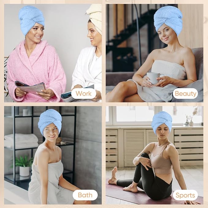 HOMEXCEL Blue Microfiber Hair Towels 5 Pack- 40 x 20 inches Super Soft, Fast Drying Turbans for Long, Thick, Curly Hair - Anti Frizz Wrap with Elastic Strap, Blue/Pink/Grey
