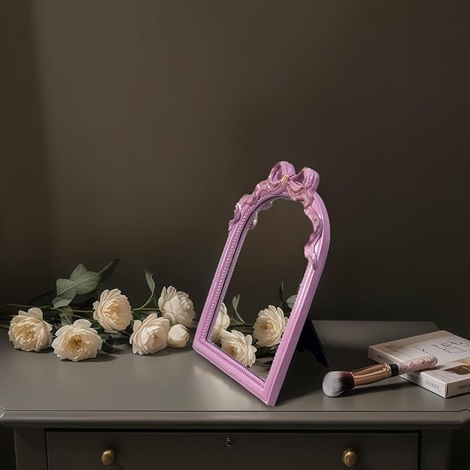 Pink Bow Mirror - 13x10 Inch Perfect Elegant Decorative Accent, Wall-Mounted Tabletop Makeup Mirror for Nursery Baby Room Bedroom Decor