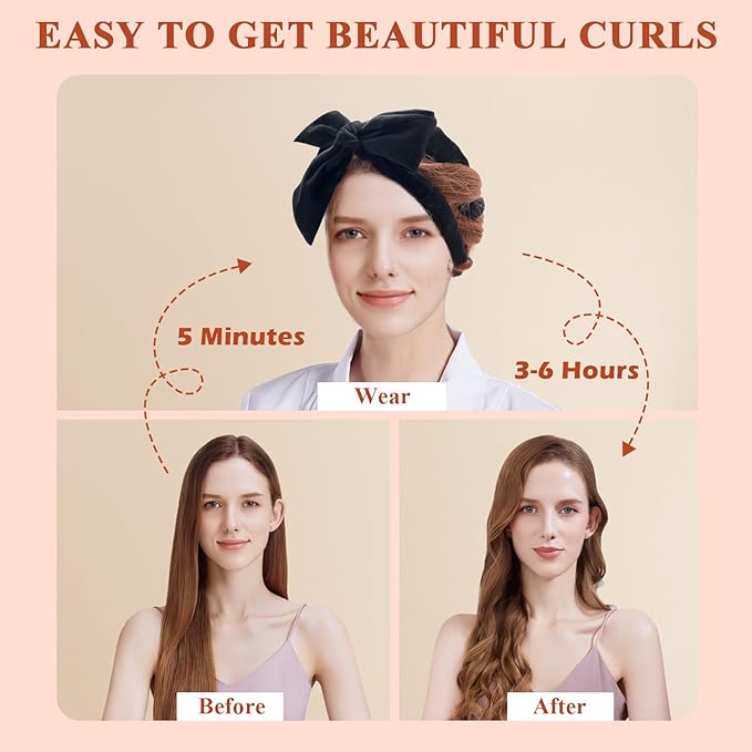 weiwei Heatless Overnight Curling Headband, 70" Non-Heat Hair Wave Wrap with 9 Soft Rollers for Long Hair (Black)