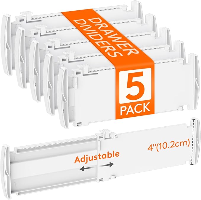 Lifewit 4" High 5 Pack Drawer Dividers, 10.5-16.5" Drawer Divider for Clothes, Adjustable Dresser Drawer Organizers, Plastic Drawers Separators for Clothes, Bedroom, Bathroom, Kitchen, Closet