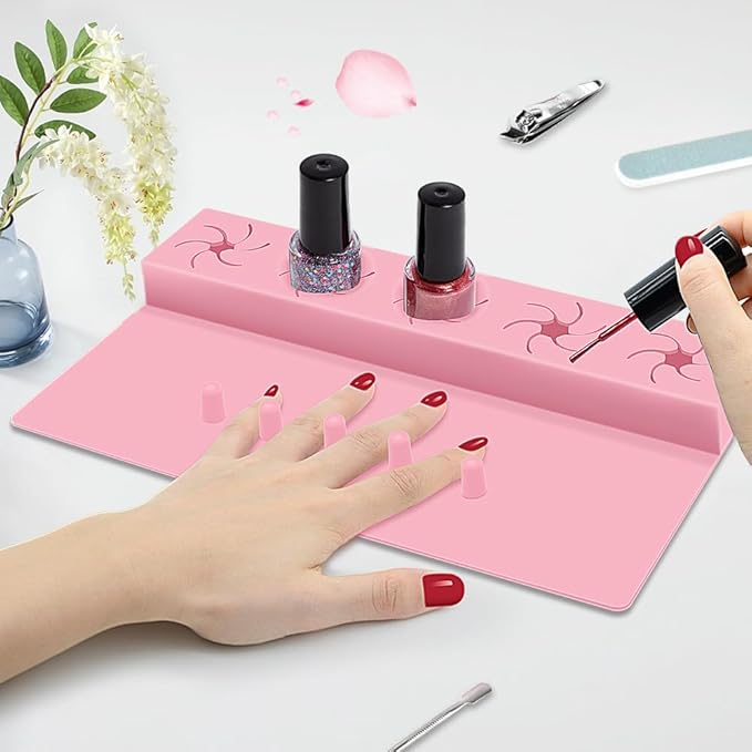 Nail Polish Holder,Silicone Hand Rest Mat Fingernail Painting Tools 2 in 1 Art Accessories Organizer Case Set with Anti-Spill Bottle Stand and Finger Separators for Pedicure Manicure(Pink)