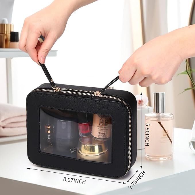 Clear Makeup Bag Set Portable Travel Cosmetic Bag and Toiletry Bag Women's Purse Pouch Cosmetic Stroage Organizer Bag with Zipper Car Essentials (Black, M+Mini)