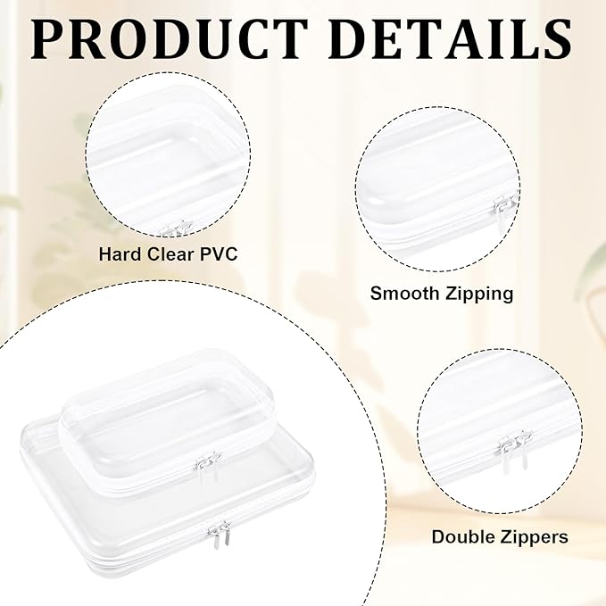 2 Pcs Clear Hard Shell Zipper Case, Portable Clear Zipper Pouches Hard Shell, Waterproof Plastic Transparent Storage Box Set with Double Zips for Cosmetic Stationery Snack Toy Storage Organizer Bins