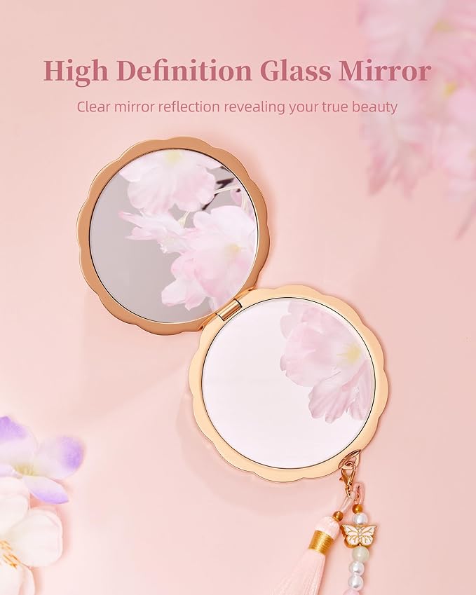 Twelve Flower Goddesses Compact Mirror, Mini Makeup Mirror with Small 2X Magnifying, Portable Double Sided Pocket Mirror for Purse, Pink Gifts for Women Girls