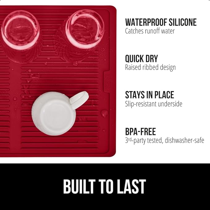 GORILLA GRIP 100% BPA-Free Patented Silicone Dish Drying Mat for Kitchen Counter, 18x24 Inch, Water Catching Ribbed Design, Easy Clean Waterproof Sink Liner, Heat Resistant, Fits Under Rack, Red
