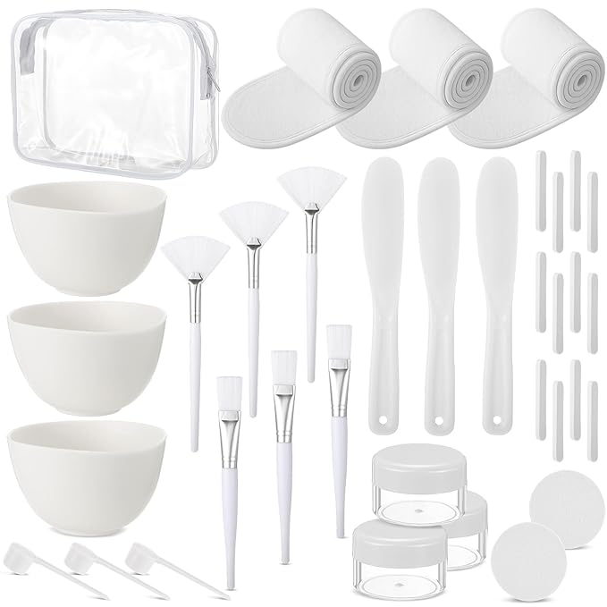 LemonRoad 34 Pcs Esthetician Facial Supplies Include Facial Bowls Brushes Jars Measuring Spoons Hairbands Esthetician Essentials Valentines Gift Set For Women(White)