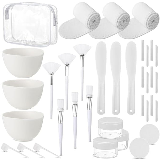 LemonRoad 34 Pcs Esthetician Facial Supplies Include Facial Bowls Brushes Jars Measuring Spoons Hairbands Esthetician Essentials Valentines Gift Set For Women(White)