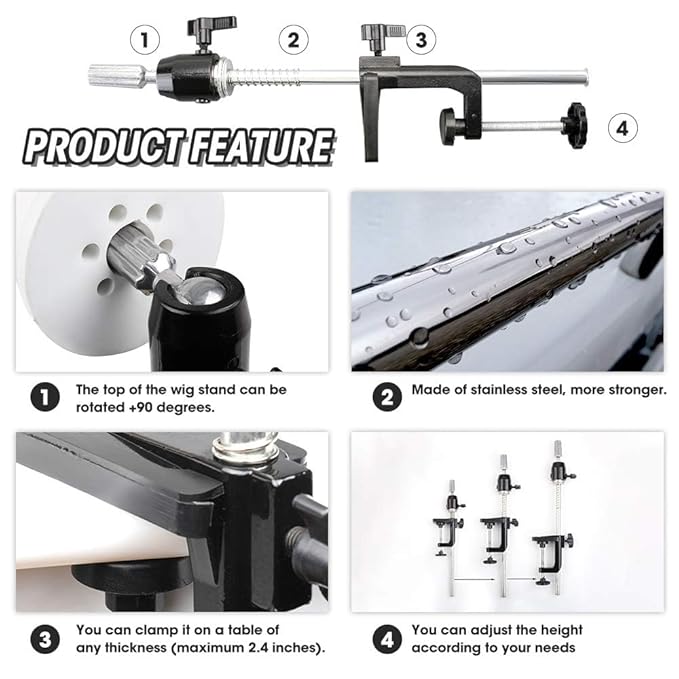 Scalable Wig Stand C Clamp Wig Head Stand Metal Mannequin Head Stand Holder Adjustable Height C-Clamp Table Stand Holder for Wig Doll Head