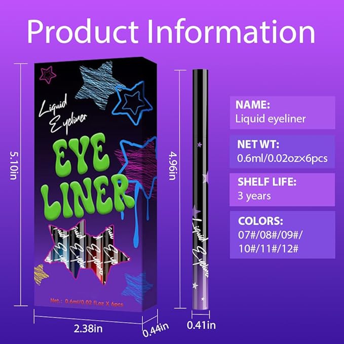 evpct 6Pcs Matte Liquid Eyeliner Set Pack Waterproof Smudge Proof, Lavender Purple Sky Royal Blue Red Brown Black Eye Liner Liquid for Face Body Paint, Longwear Eyeliners Waterline Thin Quick-dry 02
