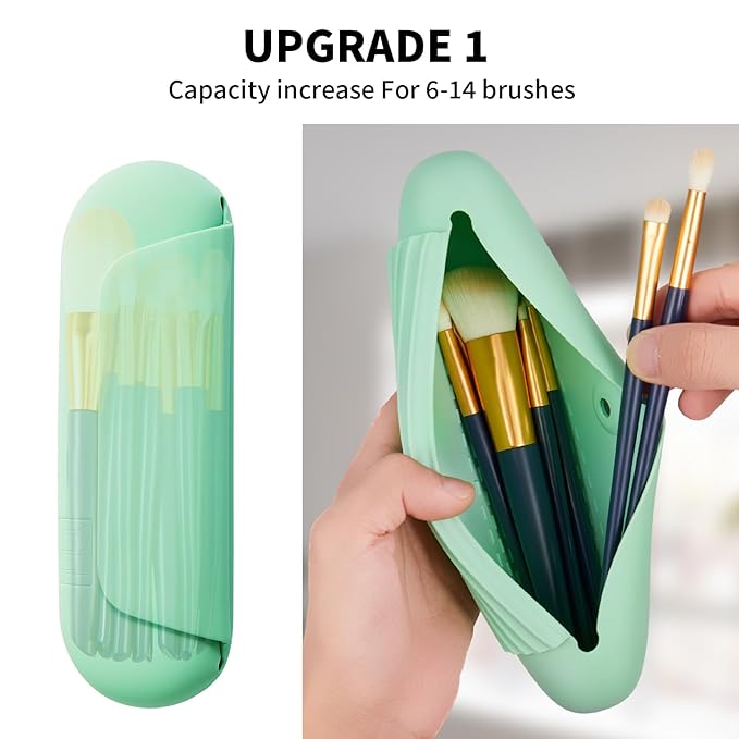Silicone Makeup Brush Holder Travel Cosmetic Bag：Soft Portable Cosmetic Face Brushes Holder with Upgrade Anti-Fall Out Magnetic Closure, Large Travel Makeup Brush Case - Green