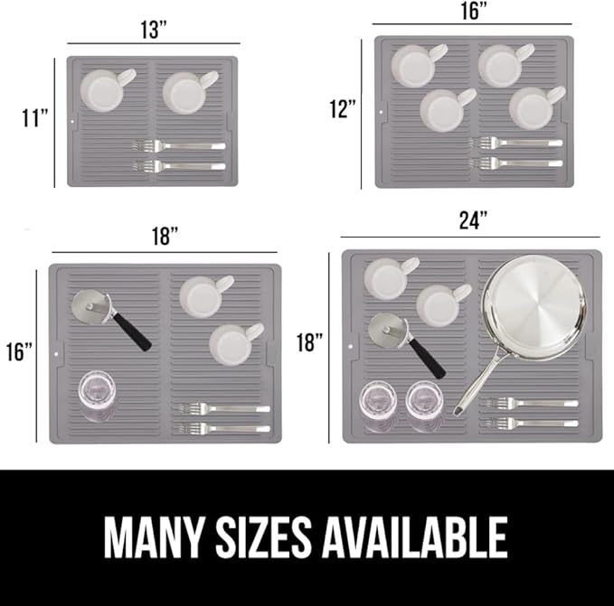 GORILLA GRIP 100% BPA-Free Patented Silicone Dish Drying Mat for Kitchen Counter, 18x16 Inch, Water Catching Ribbed Design, Easy Clean Waterproof Sink Liner, Heat Resistant, Fits Under Rack, Gray