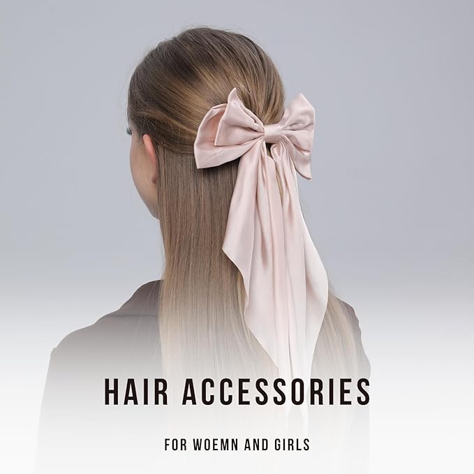 2PCS Big Hair Bow Clips for Women Girls – Rose Satin Ribbon Bow Barrettes with Long Tails, Large Romantic Hair Accessories for Ponytail, Wedding & Gift