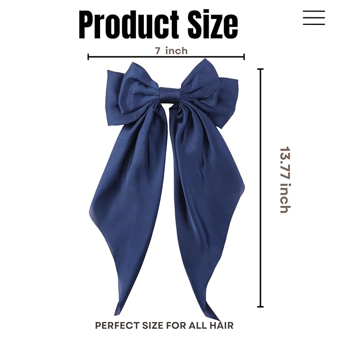 2PCS Big Hair Bow Clips for Women Girls – Navy Blue Satin Ribbon Bow Barrettes with Long Tails, Large Hair Accessories for Ponytail, Party, Wedding & Everyday Wear