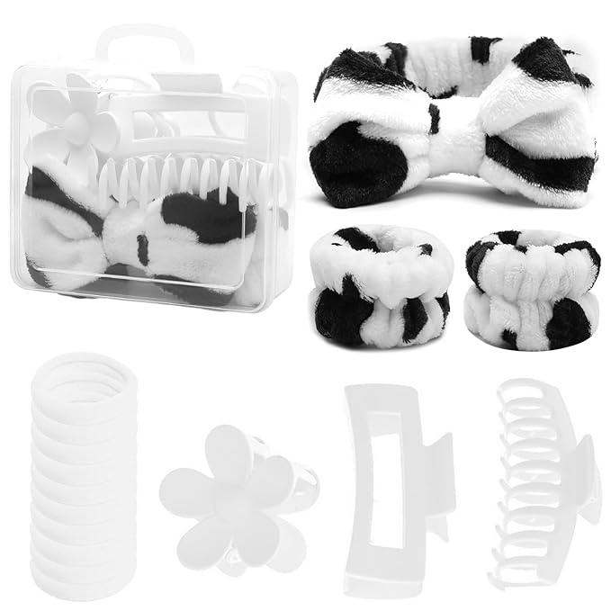 16 Pcs Skincare Headband Set, Face Washing Headband with Wristbands, Hair Claw Clips & Hair Ties, Spa Headbands for Women Girls, Perfect for Facial, Makeup, Shower, Gift Ready Bo